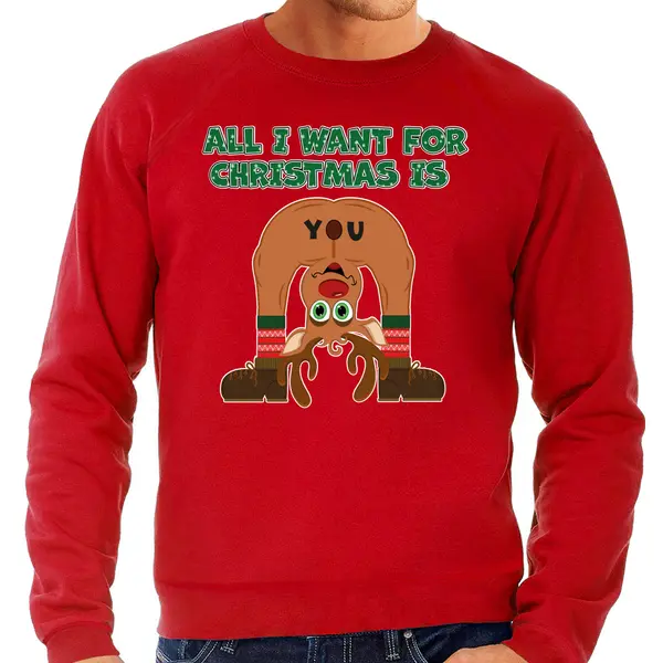 Bellatio Decorations Foute Kersttrui/sweater Voor Heren - All I Want Is - Rood - Blote Kont - Rendier S thumbnail