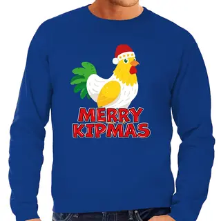 Bellatio Decorations Foute Kersttrui Voor Heren - Merry Kipmas - Blauw - Hilarisch - Kip Met Kerstmuts M
