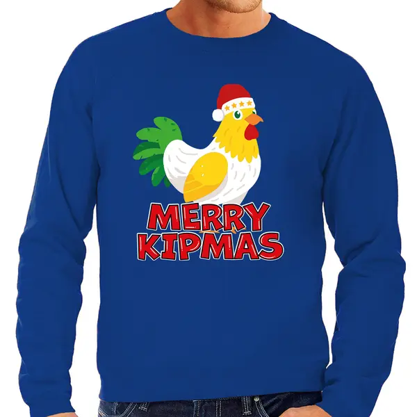 Bellatio Decorations Foute Kersttrui Voor Heren - Merry Kipmas - Blauw - Hilarisch - Kip Met Kerstmuts M thumbnail