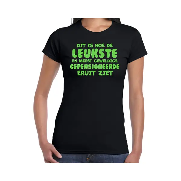 Bellatio Decorations Cadeau T-shirt Dames - Pensioen - Leukste Collega - Zwart - Glitter Groen - Afscheid M thumbnail