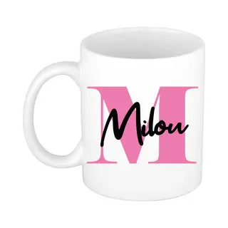 Bellatio Decorations Naam Mok Milou - Roze - Wit - Keramiek - 300 Ml - Cadeau Beker