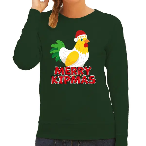 Bellatio Decorations Kersttrui Voor Dames - Merry Kipmas - Groen - Kerst Kip - Schattige Kerst Xs thumbnail