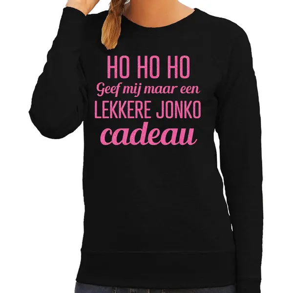 Bellatio Decorations Foute Kersttrui/sweater Voor Dames - HoHoHo Jonko Cadeau - Zwart - Glitter Roze Xs thumbnail