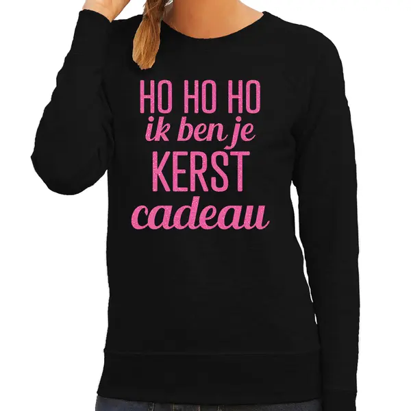 Bellatio Decorations Foute Kersttrui/sweater Voor Dames - HoHoHo Kerst Cadeau - Zwart - Glitter Roze S thumbnail