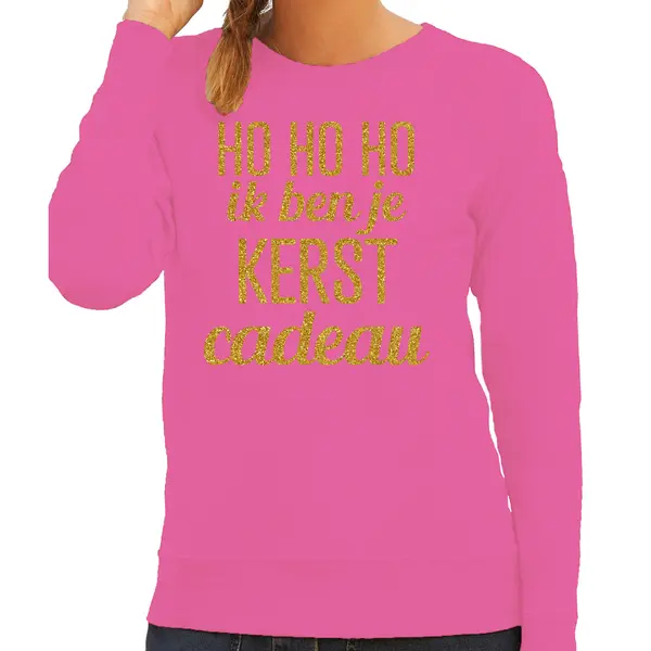 Bellatio Decorations Foute Kersttrui/sweater Voor Dames - Hohoho Kerst Cadeau - Roze - Glitter Goud Xs thumbnail