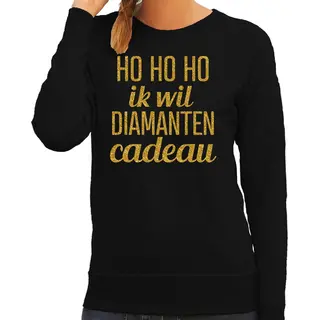 Bellatio Decorations Foute Kersttrui/sweater Voor Dames - Hohoho Diamanten Cadeau - Zwart - Glitter Goud L