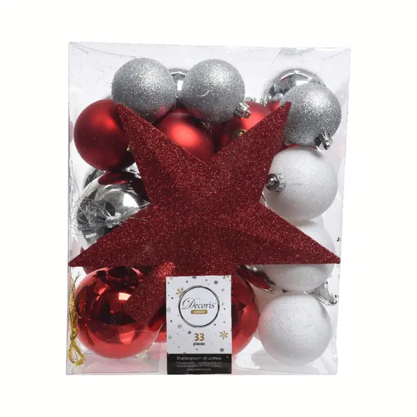 Decoris Kerstballen Set - 34-dlg - Rood/wit/zilver - Incl. Piek - Kunststof - Kerstversiering thumbnail