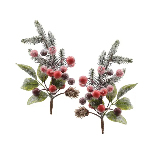 Decoris Kerststukje Instekertjes - 2x - Bessen/sneeuw - Groen/rood - 20 Cm thumbnail