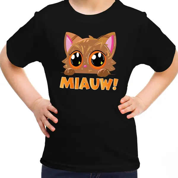 Bellatio Decorations Verkleed T-shirt Voor Jongens/meisjes - Miauw - Zwart - Feestkleding Voor Kinderen 134/140 thumbnail