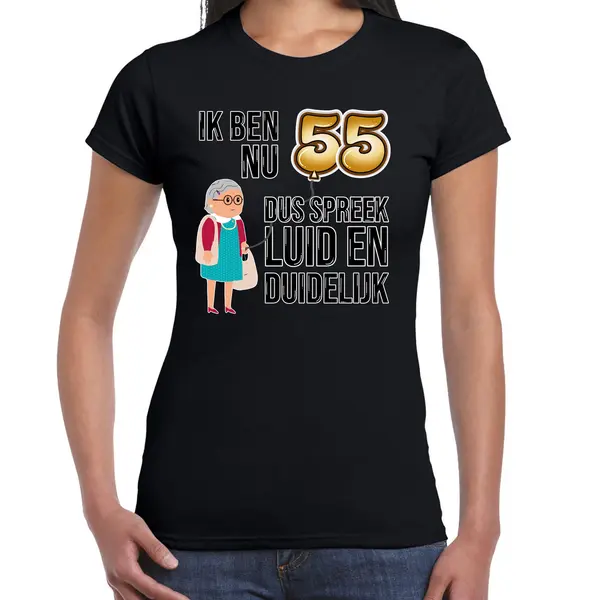 Bellatio Decorations Cadeau T-shirt Dames - Leeftijd 55 Jaar - Zwart - Luid En Duidelijk - Verjaardagsfeest Xxl thumbnail