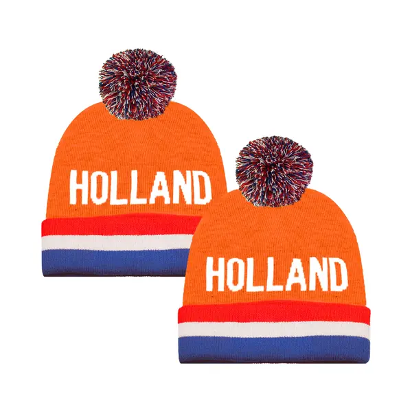 Funny Fashion Verkleed Muts - 2x - Supporters Nederland/holland - Voor Volwassenen - In Vlag Kleuren - Polyester - Met Pompom thumbnail