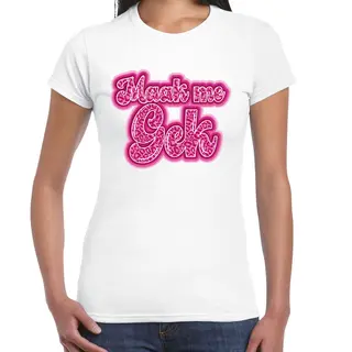 Bellatio Decorations Verkleed T-shirt Dames - Maak Me Gek - Wit - Roze Panter Look - Themafeest Fout/goud/stout L
