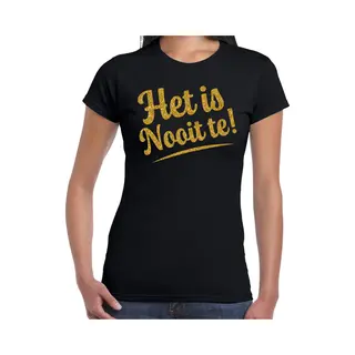 Bellatio Decorations Verkleed T-shirt Dames - Het Is Nooit Te! - Zwart - Glitter Goud - Foute Party Xl