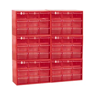 Plasticforte Sorteerbakjes Spijkers/schroeven - 54x Lades - 18.5 X 10 X 12 Cm - Opbergkastjes - Ophangbaar - Rood/transparant