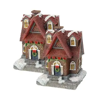 Verlicht Kersthuisje - 2x - Oranje Bakstenen - Polystone - 13 Cm - Kleur Veranderende Lichtjes - Kerstdorp - Kerstversiering