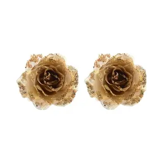 Decoris Kerstboomversiering Bloem - 2x - 14 Cm - Goud - Op Clip - Ornament - Roos