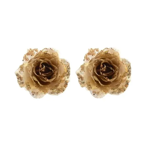 Decoris Kerstboomversiering Bloem - 2x - 14 Cm - Goud - Op Clip - Ornament - Roos thumbnail