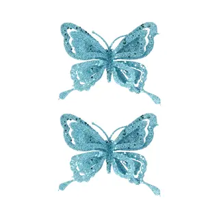 Cosy @ Home Kerstboomversiering Vlinder - 2x - 14 Cm - Blauw Glitter - Op Clip - Ornament