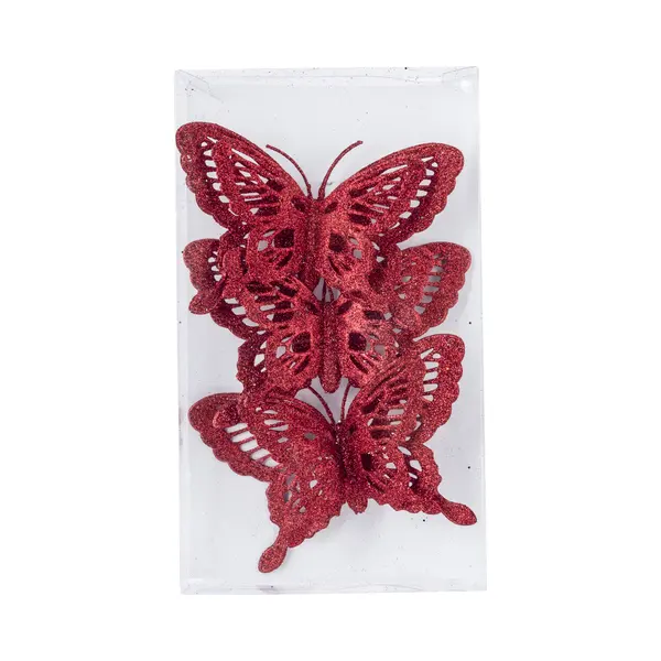 Kerstboomversiering Vlinder - 6x Stuks - 14 Cm - Rood Glitter - Op Clip thumbnail