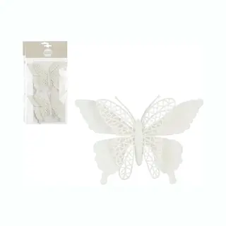 House of Seasons Kerstboomversiering Vlinder - 4x Stuks - 16 Cm - Wit Glitter - Op Clip