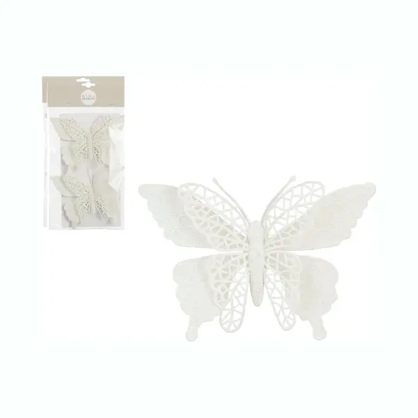 House of Seasons Kerstboomversiering Vlinder - 4x Stuks - 16 Cm - Wit Glitter - Op Clip thumbnail