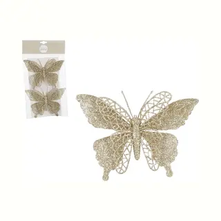 House of Seasons Kerstboomversiering Vlinder - 2x Stuks - 16 Cm - Champagne Glitter - Op Clip