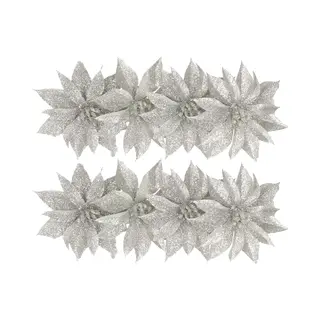 Gerimport Kerstboomversiering Bloemen - 8x Stuks - 9 Cm - Zilver Glitter - Op Clip