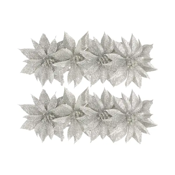 Gerimport Kerstboomversiering Bloemen - 8x Stuks - 9 Cm - Zilver Glitter - Op Clip thumbnail