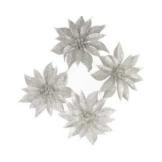Gerimport Kerstboomversiering Bloemen - 4x Stuks - 9 Cm - Zilver Glitter - Op Clip