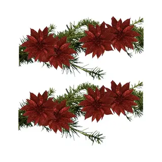 Gerimport Kerstboomversiering Bloemen - 8x Stuks - 9 Cm - Rood Glitter - Op Clip