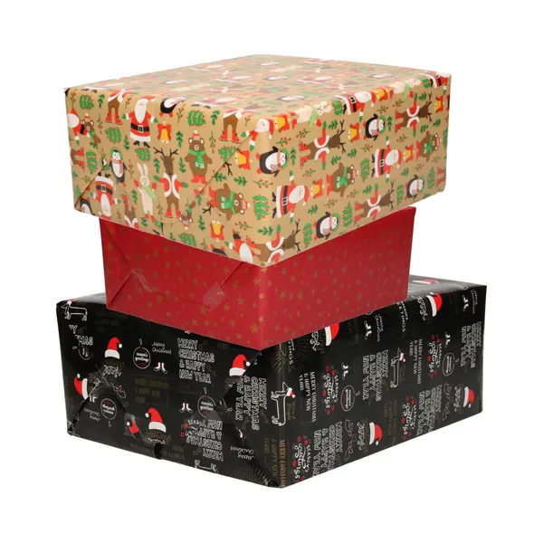 Bellatio Decorations Luxe Kerst Inpakpapier - Cadeaupapier - 3 Verschillende Prints - 3x Rollen - 250 X 70 Cm thumbnail