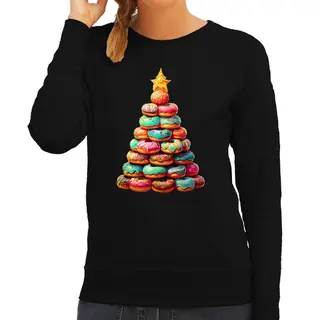 Bellatio Decorations Kersttrui / Sweater Dames - Kerstboom Van Donuts - Zwart - Kerstkatjes - Merry Christmas Xl