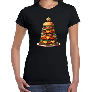 Bellatio Decorations Kerst T-shirt Voor Dames - Kerstboom Van Hamburgers - Zwart - Burgerfan - Kerstmis L