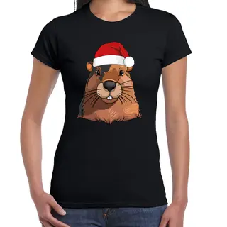 Bellatio Decorations Kerst T-shirt Voor Dames - (familie) Bever Met Kerstmuts - Zwart - Kerstfeest Xxl