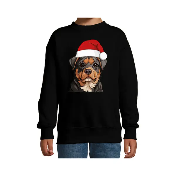 Bellatio Decorations Kersttrui / Sweater Honden - Kinderen - Rottweiler - Zwart - Kerstmuts - Kerstmis 98/104 thumbnail