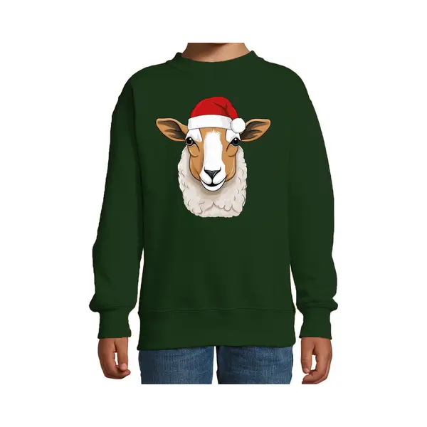 Bellatio Decorations Kersttrui / Sweater Boerderijdieren - Kinderen - Schaap - Groen - Kerstmuts - Kerstmis 170/176 thumbnail