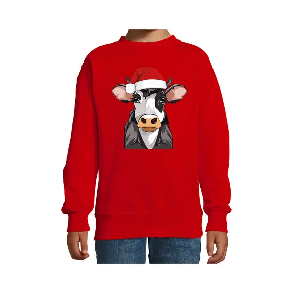Bellatio Decorations Kersttrui / Sweater Boerderijdieren - Kinderen - Koe - Rood - Kerstmuts - Kerstmis 170/176 thumbnail