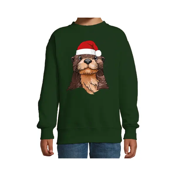 Bellatio Decorations Kersttrui / Sweater Familie Otter - Kinderen - Dieren - Groen - Kerstmuts - Kerstmis 98/104 thumbnail