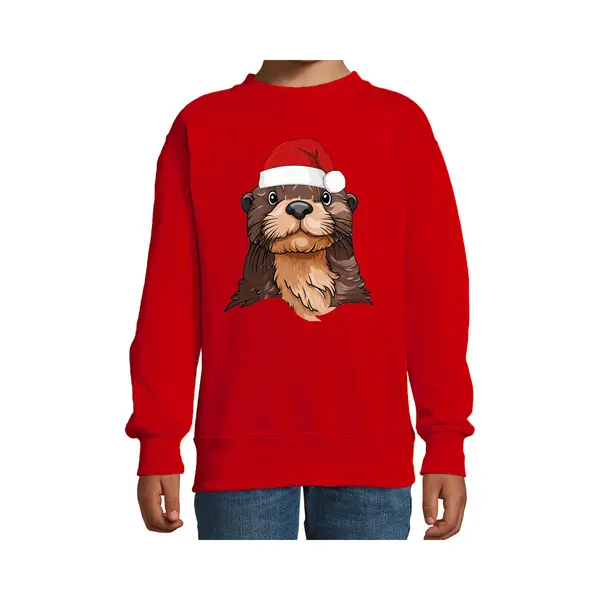 Bellatio Decorations Kersttrui / Sweater Familie Otter - Kinderen - Dieren - Rood - Kerstmuts - Kerstmis 98/104 thumbnail