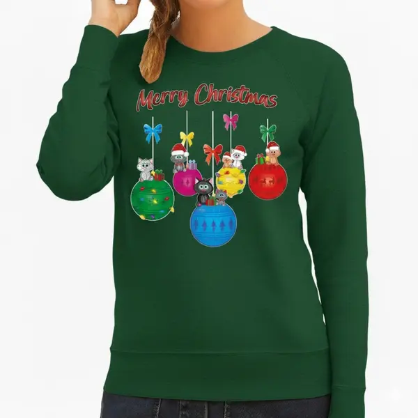 Bellatio Decorations Kersttrui / Sweater Voor Dames - Kerstballen - Groen - Kerstpoes - Merry Christmas - Poezen L thumbnail