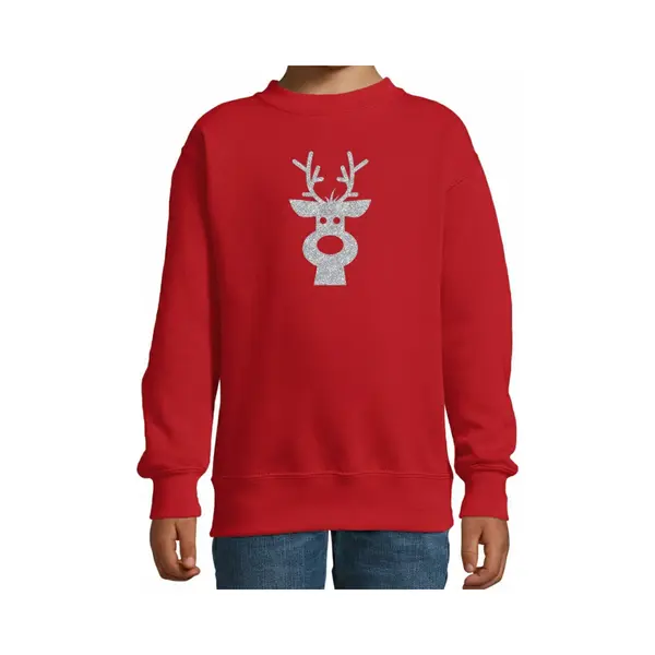 Bellatio Decorations Kerstsweater Voor Kinderen - Rood - Met Zilveren Rendier - Glitter Bedrukking 110/116 thumbnail