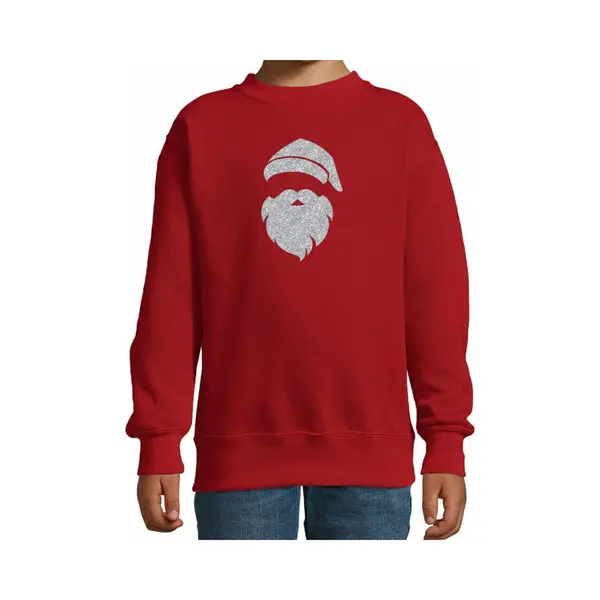 Bellatio Decorations Kerstsweater - Kinderen - Rood - Zilveren Santa - Glitter Bedrukking - Kerstkleding 122/128 thumbnail