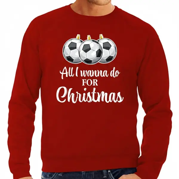 Bellatio Decorations Foute Kersttrui / Sweater Voor Heren - Voetbal Kerstbal - All I Wanna Do - Rood L thumbnail