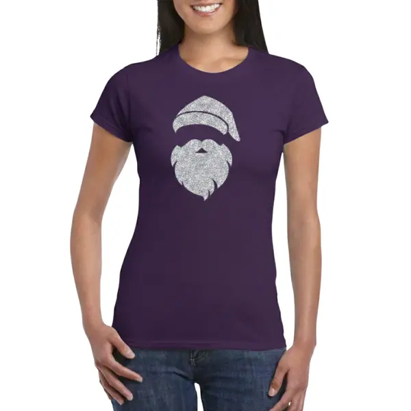 Bellatio Decorations Kerst T-shirt Voor Dames - Kerstman Hoofd - Paars - Glitter Bedrukking - Zilver - Kerstkleding L thumbnail