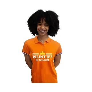 Bellatio Decorations Verkleed Poloshirt Voor Dames - Oranje - Wijntje Ik Willem - Kroon - Koningsdag L