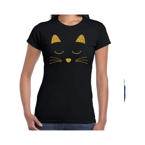 Bellatio Decorations Cadeau T-shirt Dames - Zwart - Glitter Goud - Kat / Poes Liefhebber - Themafeest Xxl thumbnail