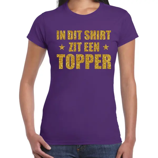 Bellatio Decorations Cadeau T-shirt Dames - In Dit Shirt Zit Een Topper - Paars - Glitter Goud - Bedankt S thumbnail
