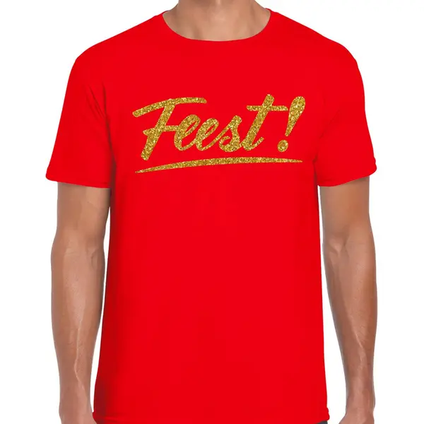 Bellatio Decorations Party T-shirt Heren - Rood - Feest! - Glitter Goud - Glitter En Glamour - Thema Feest S thumbnail