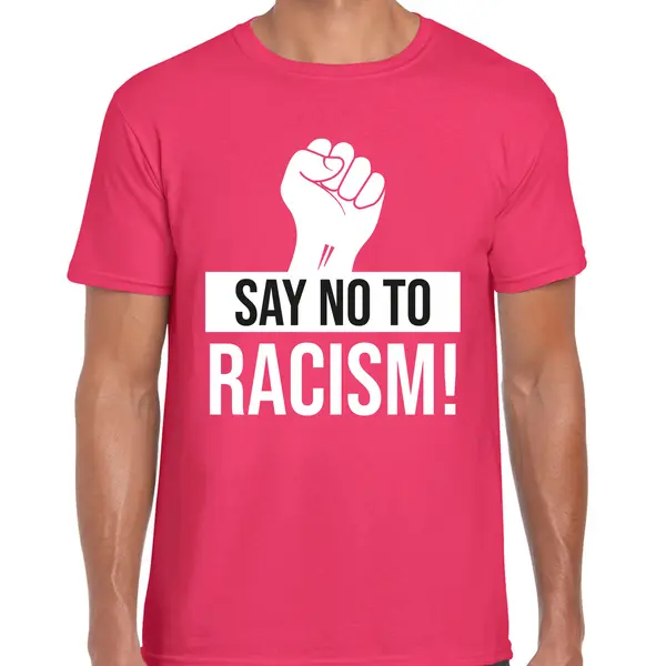 Bellatio Decorations Verkleed T-shirt Heren - Say No To Racism - Roze - Protest T-shirt L thumbnail