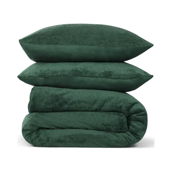 DoubleDry Dekbedovertrek Teddy Fleece - Tweepersoons 200x220 Cm + 2 Kussenslopen - Zacht & Huidvriendelijk - Groen thumbnail